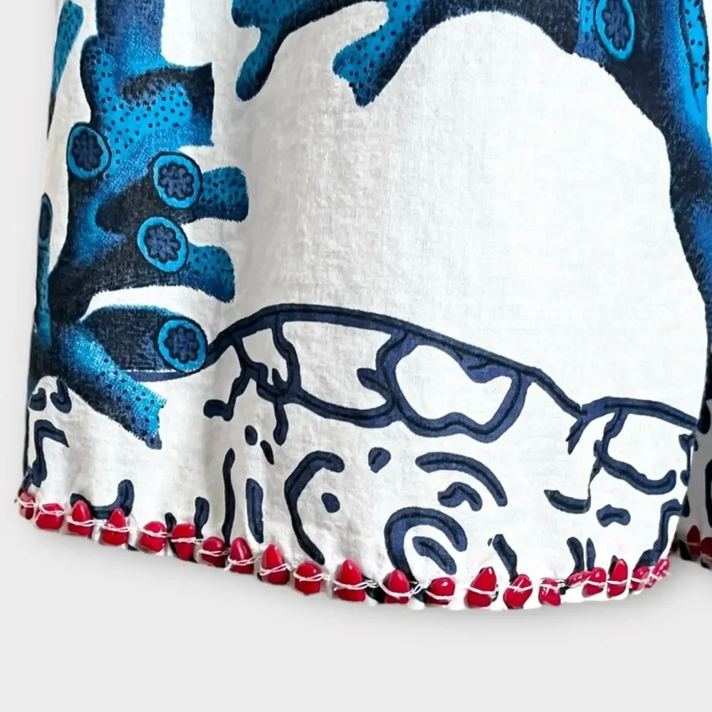 SOFT SURROUNDINGS Seychelles White Blue Coral Tropical Fish Tunic Blouse Small